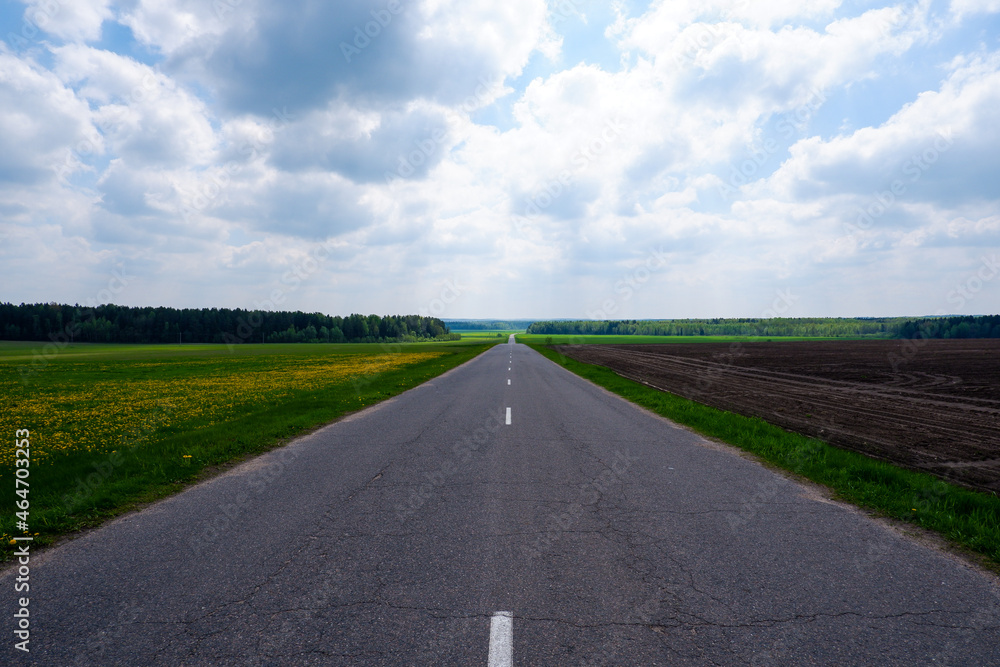 The asphalt roadbed goes into the distance, you can see the fields, the forest. In the center of the frame is a white marking on the gray cracked asphalt. The asphalt roadbed goes into the distance, you can see the fields, the forest. In the center of the frame is a white marking on the gray cracked asphalt.