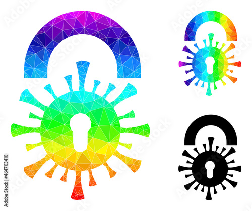 lowpoly viral lockdown icon with rainbow colorful. Spectrum colored polygonal viral lockdown vector is designed with chaotic colored triangles.