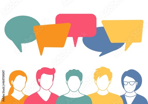 People avatars with speech bubbles. Men and woman communication, talking llustration. Coworkers, team, thinking, question, idea, brainstorm concept.