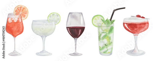 Watercolor hand painted cocktails in glasses with fruits orange, lemon with dark red marsala color wine isolated on white. Goblet for decoration menu in restaurant, cafe. Alcoholic beverage drinks