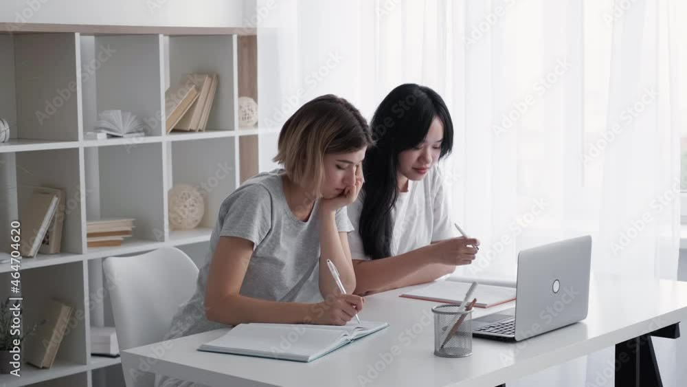 College study. High school. Student education. Classmate friendship. Diligent interracial girls friends homework learning at desk with laptop in library interior. College study. High school. Student education. Classmate friendship. Diligent interracial girls friends homework learning at desk with laptop in library interior.