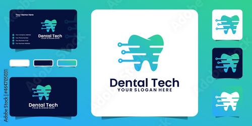 technology health dental logo design inspiration with technology lines and circles with business card
