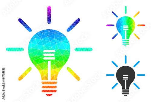 Low-poly light bulb icon with spectrum colorful. Spectrum colored polygonal light bulb vector designed from chaotic colorful triangles.