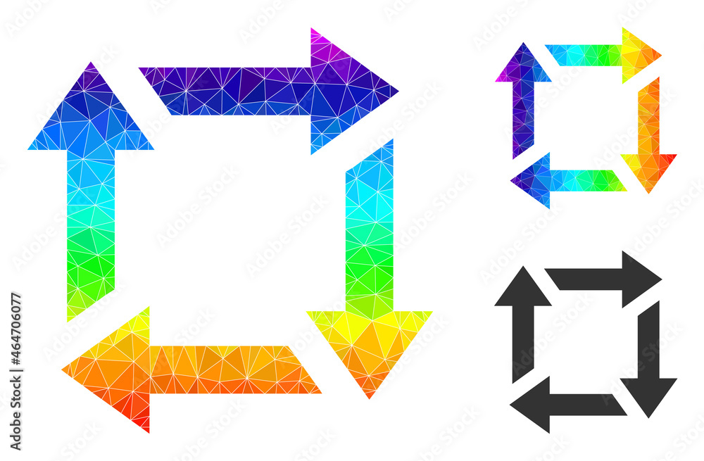 Low-poly recycle icon with spectral colored. Rainbow vibrant polygonal recycle vector constructed of chaotic colored triangles. Flat geometric 2d modeling illustration is designed by recycle icon. Low-poly recycle icon with spectral colored. Rainbow vibrant polygonal recycle vector constructed of chaotic colored triangles. Flat geometric 2d modeling illustration is designed by recycle icon.