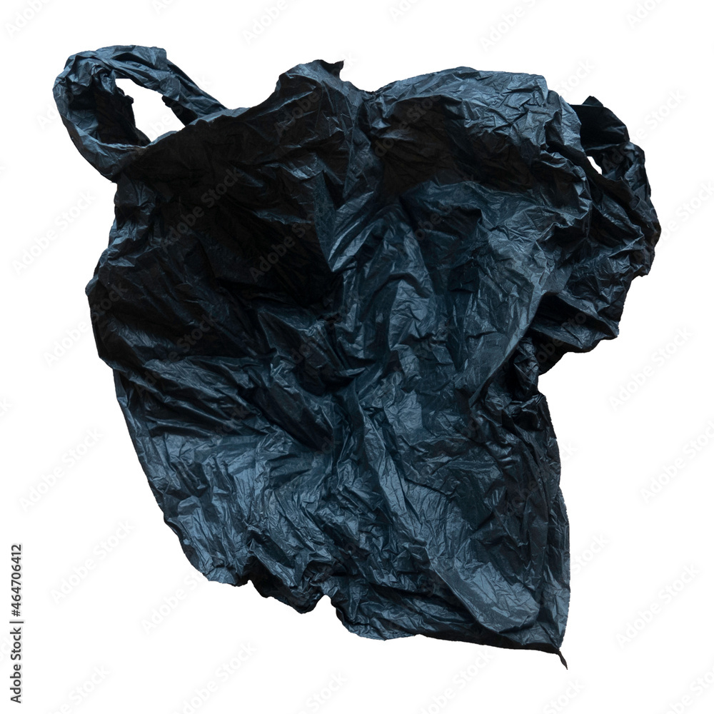 A black plastic bag isolated on a white background.