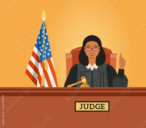 Judge black woman in courtroom at tribunal with gavel and American flag points finger up pronouncing judgment. Judicial cartoon background. Civil and criminal cases public trial. Flat vector concept