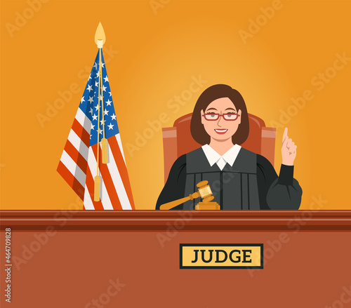 Judge woman in courtroom at tribunal with gavel and American flag points finger up pronouncing judgment. Judicial cartoon background. Civil and criminal cases public trial. Flat vector concept