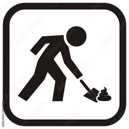 Collect poop from your dog. Person with shovel on secrement. Black vector illustration, frame.