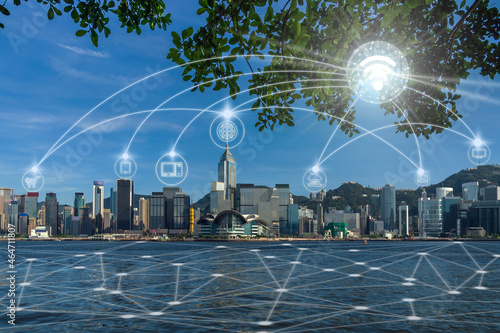 Communication network with multichannel omni channel of Hong Kong Cityscape river side in the afternoon with smooth cloud at Victoria harbour, Technology Smart City with Internet of Things concept