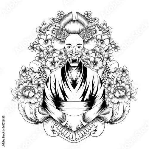 Geisha Girl with Oni Mask Vector in Black and White