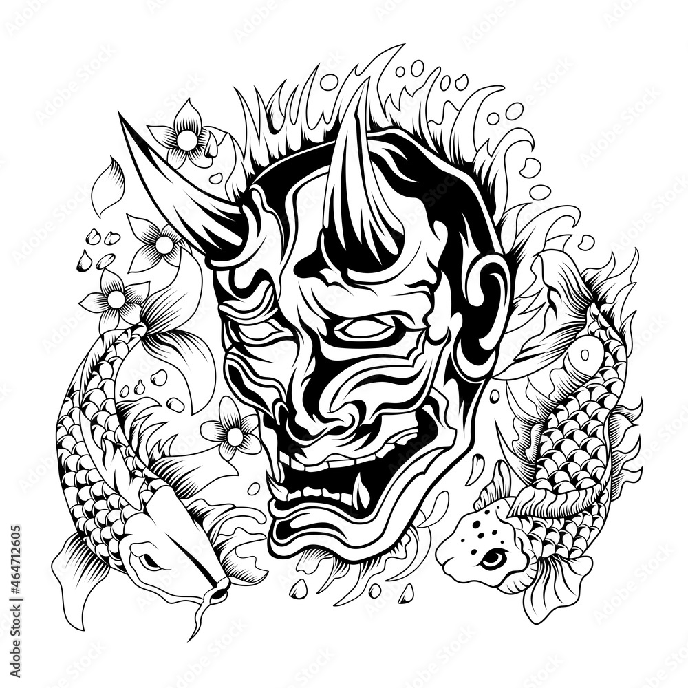 Fototapeta premium Oni mask with koi fish Vector
