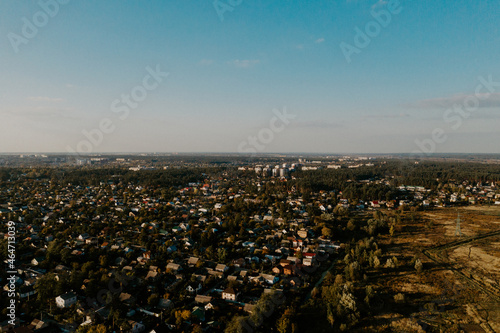 Cityscape. Panoramic view from above, drone shot of a city and building constructions. Constraction of new housing estate