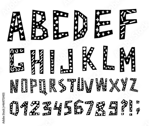 ABC - Latin alphabet. Unique hand drawn letters and numbers with doodle decorations. Has some retro and noir vibes, as well as reminds us of party decorations with bold lighting!
