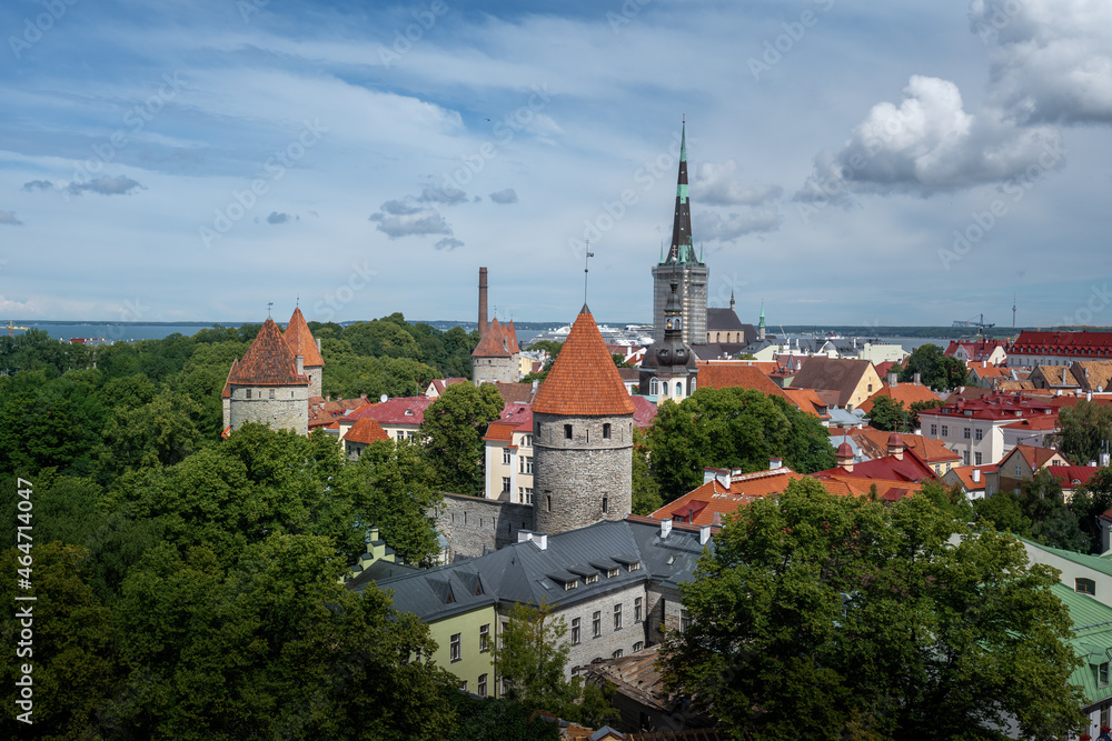 Aerial view of Tallinn with many towers of Tallinn City Wall and St Olaf Church Tower - Tallinn, Estonia