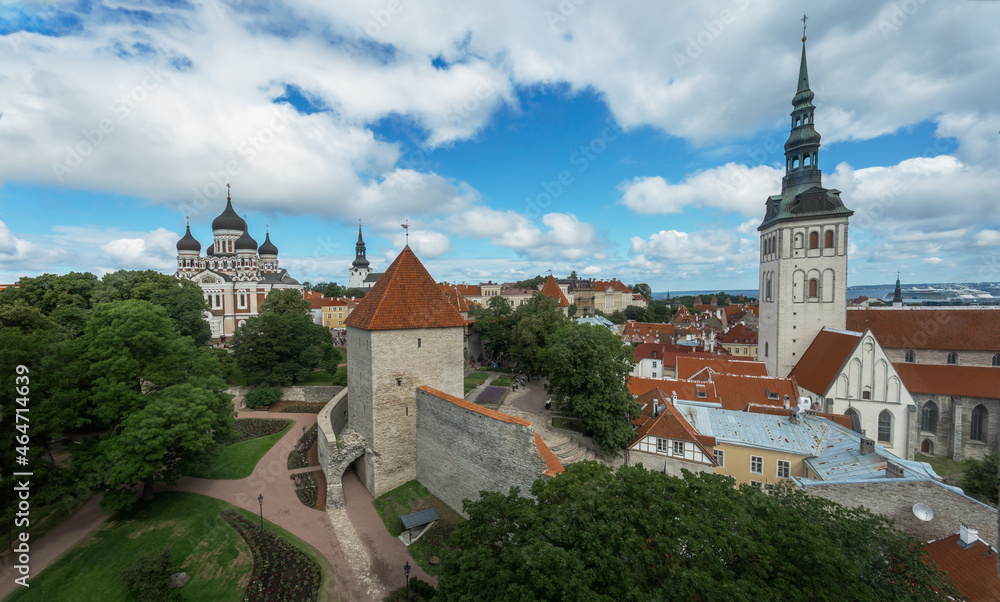 Panoramic aerial view of Tallinn with Alexander Nevsky Cathedral, Maiden Tower and St Nicholas Church - Tallinn, Estonia