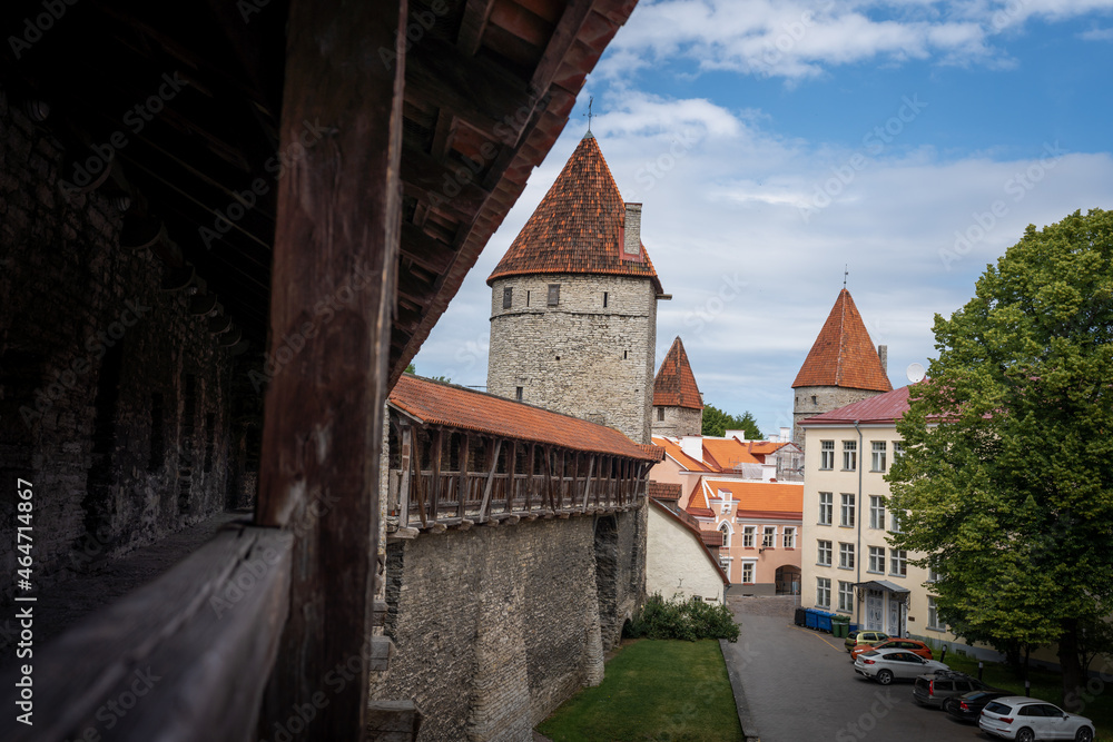 Tallinn medieval City Walls with views of Sauna Tower, Nunnadetagune Tower and Loewenschede Tower - Tallinn, Estonia