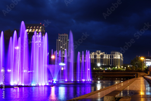 illuminated fountains in the night city of Yekaterinburg, Russia