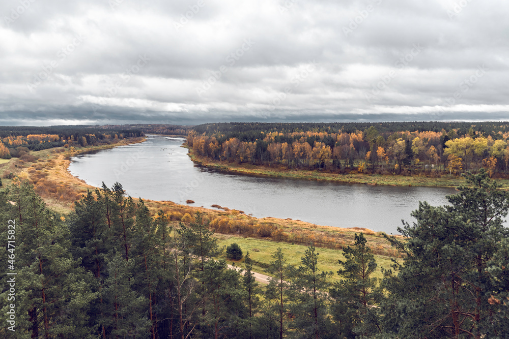 Landscape view on the bend of Daugava river from sightseeing tower located in Vasargeliski, Naujene parish, Daugavpils district, Latgale region, Latvia, which is a part of Nature Park “Daugavas Loki”