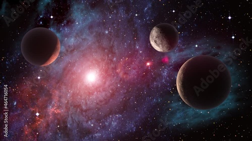 Space background slowly moving through universe among planets galaxies stars and nebulae