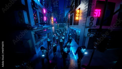 People hypnotized by their mobiles walking in the rain. Street in neons lights.