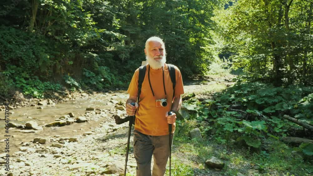 Travel Elderly Man of a Hiker With Backpack and Nordic Walking Sticks Through the Forest. Hike, Walk Along the River, Enjoy Nature. Active Retirement, Tourism And Hobby Concept. Travel Elderly Man of a Hiker With Backpack and Nordic Walking Sticks Through the Forest. Hike, Walk Along the River, Enjoy Nature. Active Retirement, Tourism And Hobby Concept.
