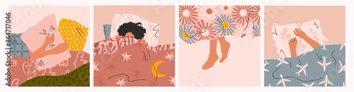 Female Legs, hands and head sticking out from under the blanket. Person sleeping under soft cozy blanket. Morning in bed, coziness, relaxation concept. Set of four Hand drawn Vector illustration