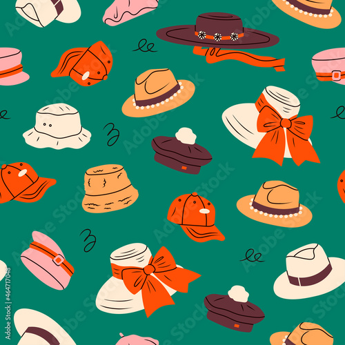 Various Hats for different seasons. Different colors and styles. Fashion headwear concept. Hand drawn trendy Vector illustration. Square seamless Pattern. Background, wallpaper, poster template