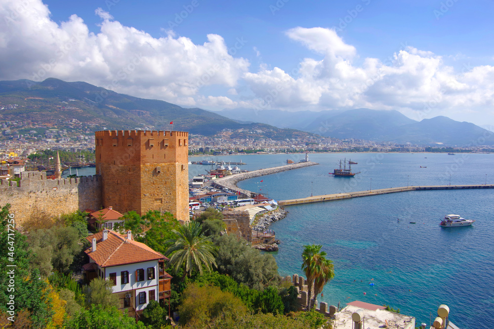 View of the resort town of Alanya on the red tower on the Mediterranean coast.