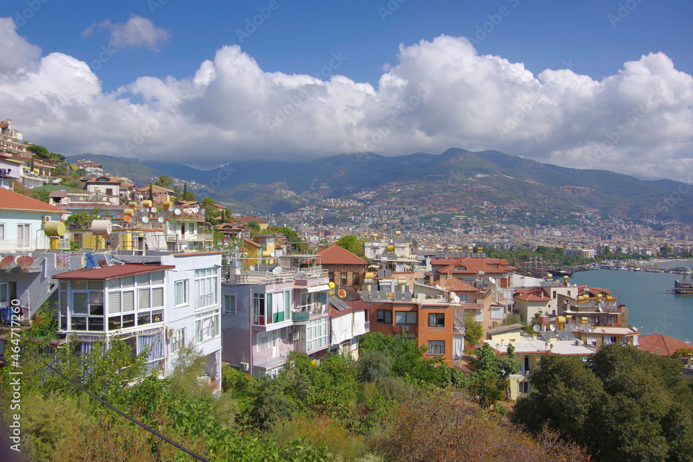 Turkey. Antalya. 09.15.21. View of the resort town on the Mediterranean coast. Houses on the slopes of the mountains.