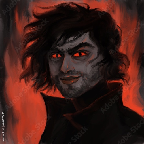 Mythological dark burning demon or satan character illustration. The man with the devil's eyes