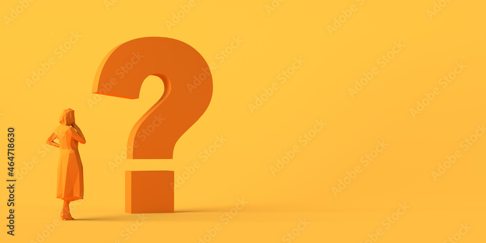 Concept of doubt. Woman in front of interrogation. 3D illustration. Copy space. Concept of doubt. Woman in front of interrogation. 3D illustration. Copy space.