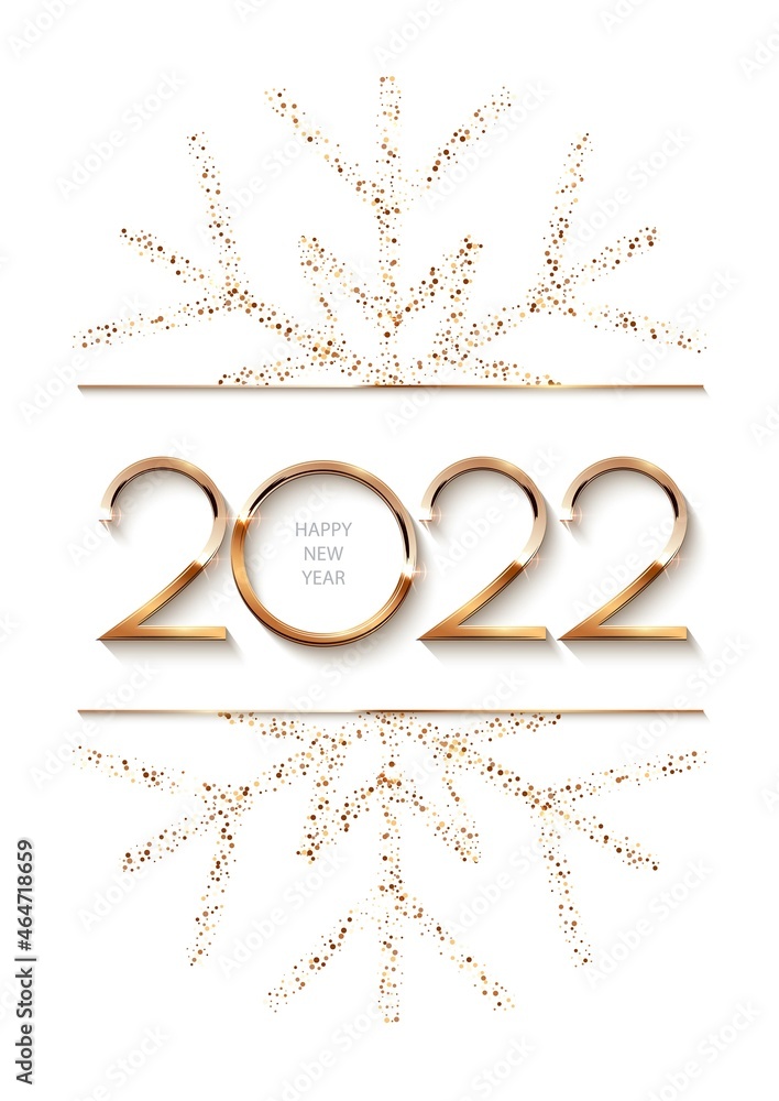 Happy New Year 2022 background with gold frame and snowflake. Shining with  sparkles numbers and border Christmas card. Greeting festive vector  illustration. Merry holiday modern poster design Stock Vector | Adobe Stock