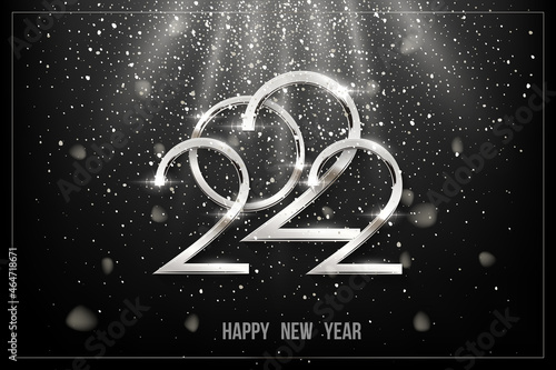 2022 Happy New Year greeting card, 2022 silver numbers with white falling confetti decoration