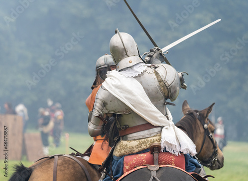 Reenactment of a battle - Battle of the White mountain -Infantry riders in historical costumes during battle.