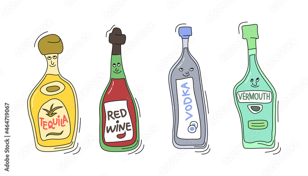 Tequila, red wine, vodka and vermouth with smile on white background. Cartoon sketch graphic design. Doodle style with black contour line. Cute hand drawn bottle. Party drinks concept. Freehand draw. Tequila, red wine, vodka and vermouth with smile on white background. Cartoon sketch graphic design. Doodle style with black contour line. Cute hand drawn bottle. Party drinks concept. Freehand draw.