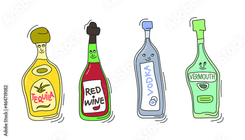Tequila, red wine, vodka and vermouth with smile on white background. Cartoon sketch graphic design. Doodle style with black contour line. Cute hand drawn bottle. Party drinks concept. Freehand draw.