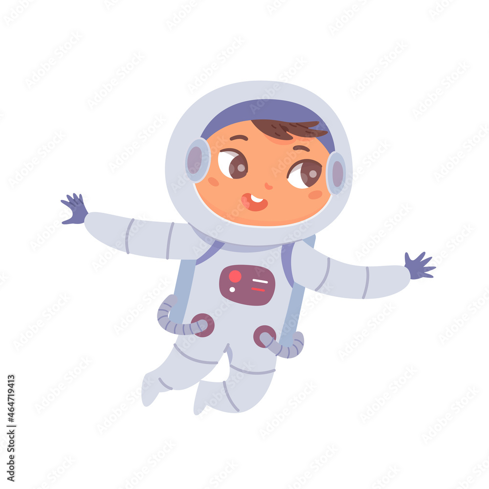 Kid astronaut flying in zero gravity vector illustration. Cartoon cute child spaceman character in weightlessness, spacewalk of baby cosmonaut wearing spacesuit isolated on white.