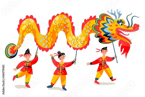 People holding Chinese New Year dragon. Traditional Asian festival vector illustration. Boys and girl walking and celebrating holiday with dragon paper animal on white background