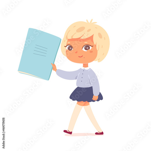 Kid student holding paper notebook in hand, walking to school to learn to read and write