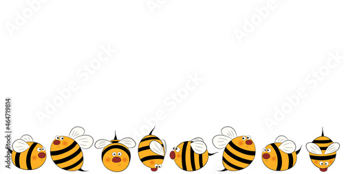 Bee background. Set of  honey bees on white. Funny cartoon  banner. Children comic cartoon animals collection. Cute honey bee character. Children comic animals collection. Apiary, bee-garden symbols.