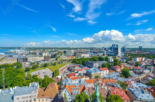 Aerial panoramic view of Tallinn old town and part of newer Tallinn in a beautiful day. Tallinn, Estonia