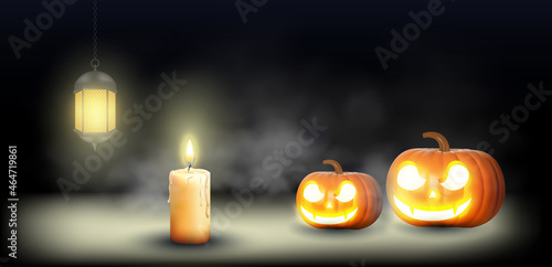 halloween pumpkin, Jack O Lantern, with an evil face and eyes on a wooden bench, table with a misty gray coastal night background with space for product placement.