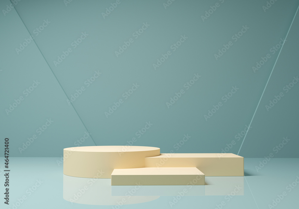 Cylinder and box podiums in beige colors. Abstract teal background to show cosmetic products. Minimal scene with geometrical forms. 3d render Cylinder and box podiums in beige colors. Abstract teal background to show cosmetic products. Minimal scene with geometrical forms. 3d render