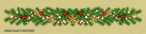 Christmas border decorations garland with fir branches, golden snowflakes, holly berries and beads. Design element for Xmas or New Year on light background. Vector