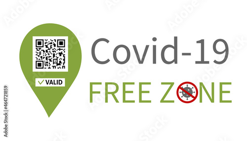 Horizontal banner with qr-code and pass check mark valid. Covid 19 free zone message. Illustration with the public location safe for health. Public covid-free places for vaccinated customers