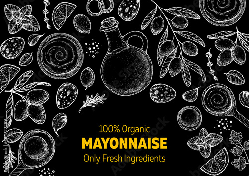 Mayonnaise sauce cooking and ingredients sketch, hand drawn vector illustration. Homemade mayonnaise sauce, design elements. Hand drawn, package design.