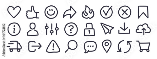 Drawings and doodles of mini icons with subjects like, share, internet, webshop, account, communication, website, interface