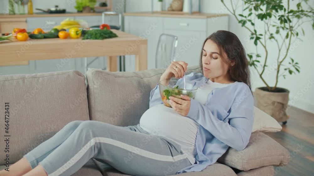Pregnant Woman With Great Pleasure Eating Vegetable Salad on the Couch in a Cozy Living Room at Home. Motherhood, Self-care, Childcare, Woman Chooses the Right Food. Pregnant Woman With Great Pleasure Eating Vegetable Salad on the Couch in a Cozy Living Room at Home. Motherhood, Self-care, Childcare, Woman Chooses the Right Food.