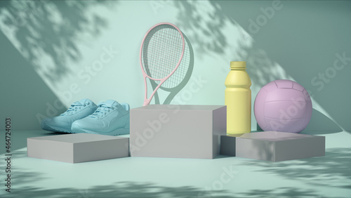 Podiums for product show with sport equipment. 3D rendering.