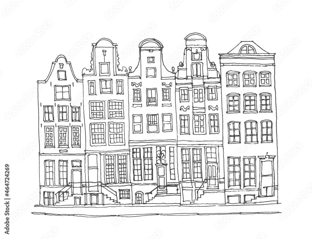 Liner sketches architecture of Amsterdam, Holland, hand drawing sketch, graphic illustration. Urban sketch in black color isolated on white background. Hand drawn travel postcard. Travel sketch.